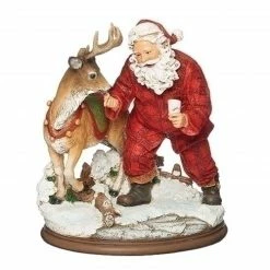 Roman 8.5" Santa Feeding Deer Milk And Cookies Resin Christmas Figurine