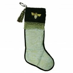 CC Christmas Decor 27" Sage Green And Gold French Writing With Bee Christmas Stocking