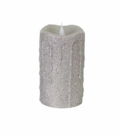 Melrose 5.25" Pre-Lit Silver Glittering Flameless LED Christmas Pillar Candle