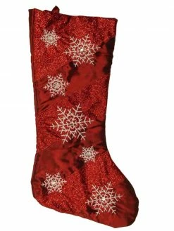 Embellished Red Satin Glitter & Sequin Snowflake Christmas Holiday Stocking