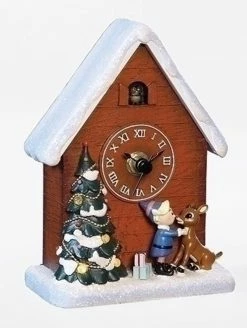 Roman 6" Brown Battery Operated Musical Rudolph And Hermey Clock Christmas Tabletop Decoration