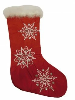 Trimmerry Embellished Red Satin Sequin & Faux Fur Christmas Holiday Stocking Snowflakes