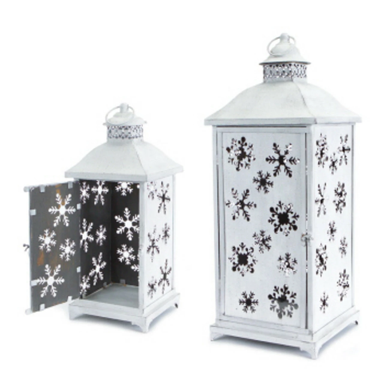 Melrose Set Of 2 Large White Cut-Out Snowflake All-Weather Iron And Glass Christmas Candle Lanterns 2 Melrose Set Of 2 Large White Cut-Out Snowflake All-Weather Iron And Glass Christmas Candle Lanterns - Image 2