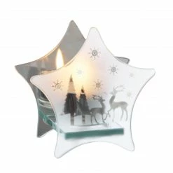 Midwest 8.5" Clear Frosted Glass Snowflake Reindeer Mirrored Star Christmas Tea Light Candle Holder