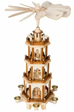 BRUBAKER Christmas Pyramid - 24 Inches - 4 Tier Carousel With 6 Candle Holders And Hand Painted Figurines - Designed In Germany