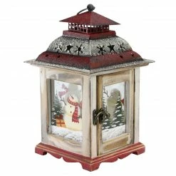 Northlight 11.75" Rustic Red And White Snowman Christmas Scene Candle Lantern