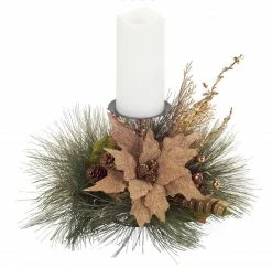 Melrose 19" Green And Brown Poinsettia Pine Cone Christmas Candle Holder