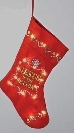 Roman 12.5" Pre-Lit Red And Gold LED 'Jesus Is The Reason' Christmas Stocking