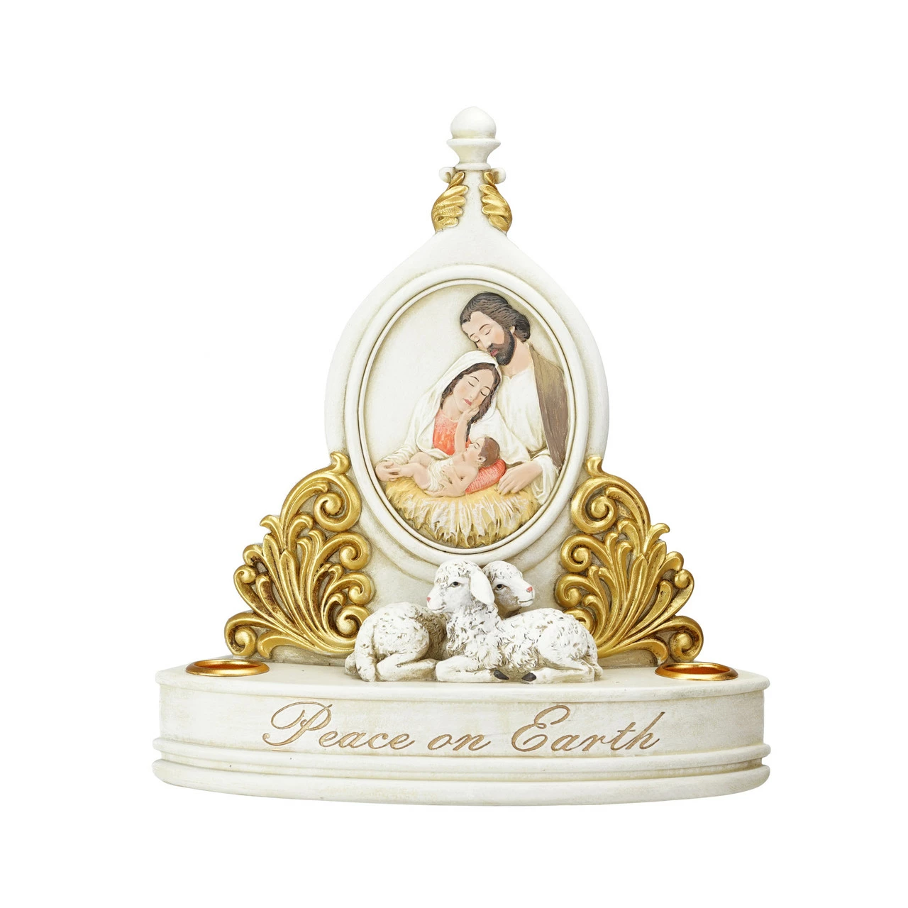 Roman 8.5" White And Gold Holy Family "Peace On Earth" Christmas Candle Holder 1 Roman 8.5" White And Gold Holy Family "Peace On Earth" Christmas Candle Holder