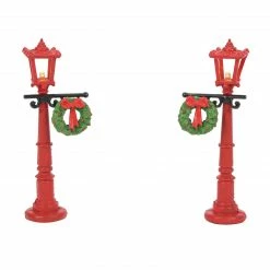 Department 56 Dept 56 Set Of 2 Red Christmas Village Street Lights With Wreaths