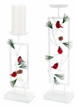 Melrose Set Of 2 Woodland Inspired Snowy Cardinal Christmas Pillar Candle Holders 19.5"