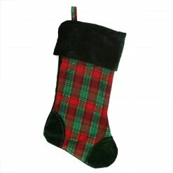Northlight 19" Christmas Traditions Green, Red And Gold Woven Plaid And Velvet Stocking