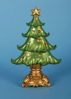 Lynn Roberts Set Of 2 Green And Gold Ornate Glittered Christmas Tree Tabletop Decoration 12"