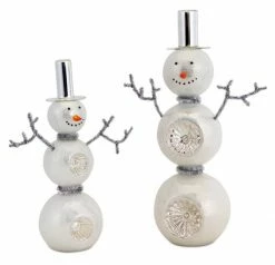Melrose Set Of 2 Glass Snowman Table Piece Figures Accented With Tinsel Arms 13"
