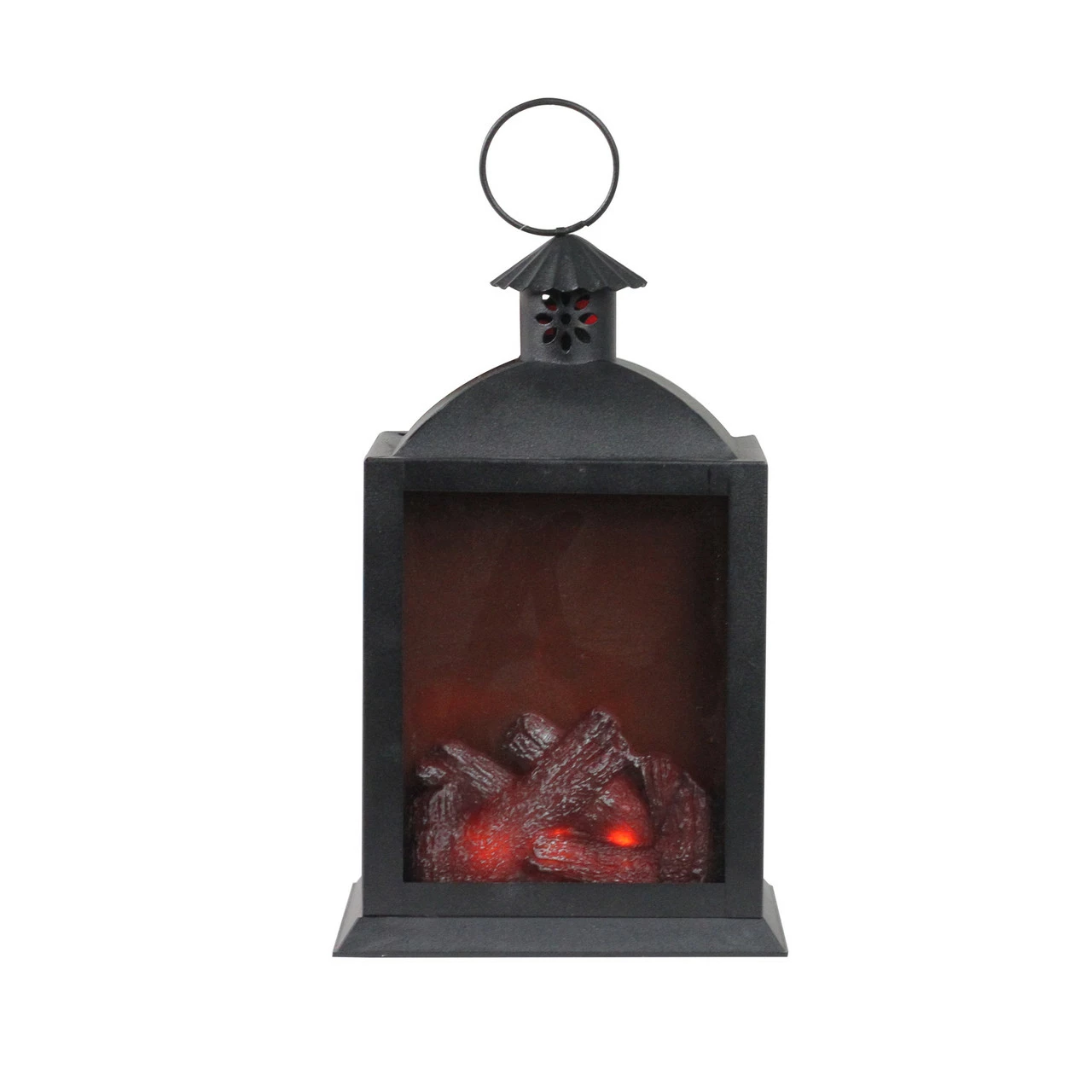 Diva At Home 10" LED Lighted Black Chimney Lantern With Faux Fire Christmas Decoration 1 Diva At Home 10" LED Lighted Black Chimney Lantern With Faux Fire Christmas Decoration