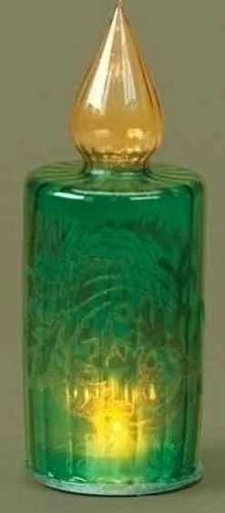 Roman Tis The Season LED Lighted Green Glass Christmas Candle Lamp With Velveteen 8.5"