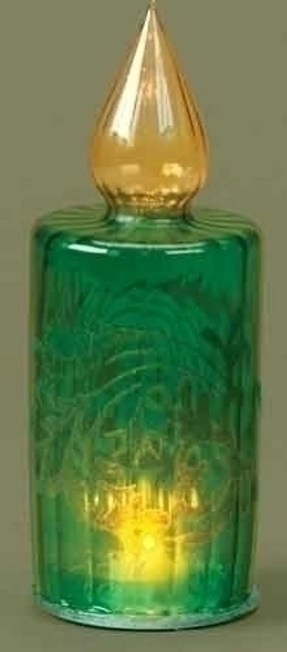 Roman Tis The Season LED Lighted Green Glass Christmas Candle Lamp With Velveteen 8.5" 1 Roman Tis The Season LED Lighted Green Glass Christmas Candle Lamp With Velveteen 8.5"