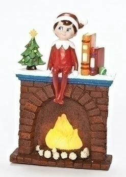 Roman 6.75" Brown And Red Elf On Fireplace Christmas Tabletop Decoration - LED Lights