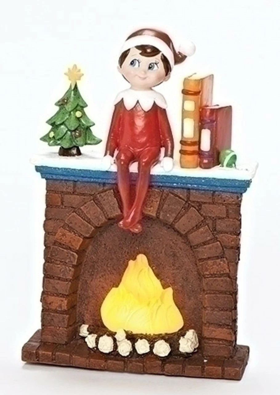 Roman 6.75" Brown And Red Elf On Fireplace Christmas Tabletop Decoration - LED Lights 1 Roman 6.75" Brown And Red Elf On Fireplace Christmas Tabletop Decoration - LED Lights