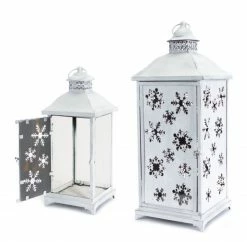 Melrose Set Of 2 Large White Cut-Out Snowflake All-Weather Iron And Glass Christmas Candle Lanterns