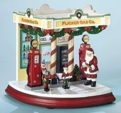 Roman 7.25" Red And White Colored Gas Station With Santa Musical Christmas Figurine - Led Lights