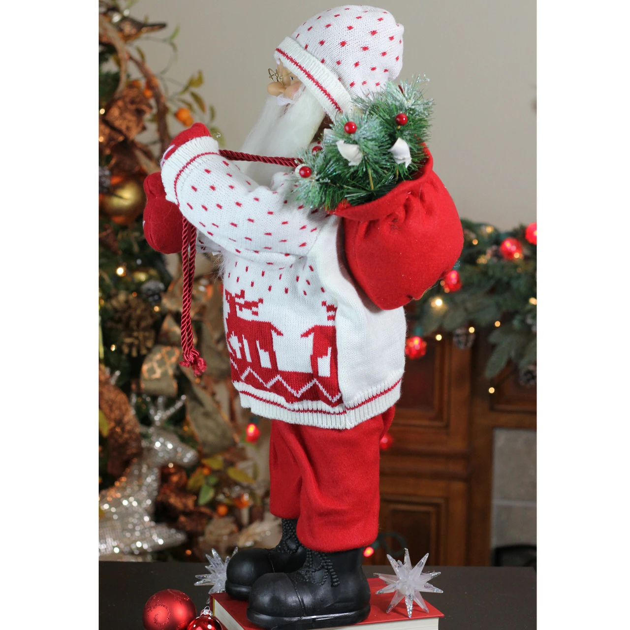 Northlight 25" White And Red Santa In Knit Deer Sweater With Sack Of Pine Figure Decoration 3 Northlight 25" White And Red Santa In Knit Deer Sweater With Sack Of Pine Figure Decoration - Image 3