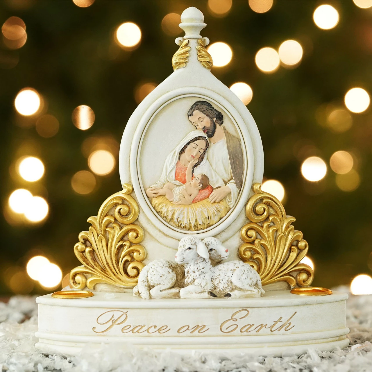 Roman 8.5" White And Gold Holy Family "Peace On Earth" Christmas Candle Holder 2 Roman 8.5" White And Gold Holy Family "Peace On Earth" Christmas Candle Holder - Image 2
