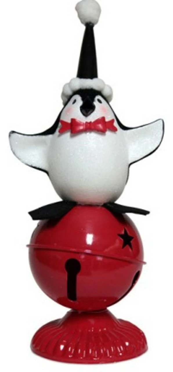 Melrose 11" Playful Glittered Black And White Penguin Standing On Large Red Jingle Bell Christmas Table Top 1 Melrose 11" Playful Glittered Black And White Penguin Standing On Large Red Jingle Bell Christmas Table Top