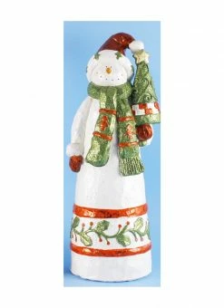 Don Mechanic 18" Folk Art Snowman Holding A Christmas Tree Table Top Figure