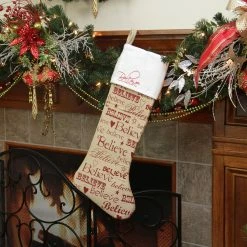 Northlight 24" Red And White Screen Printed "Believe" Font Styles Velvet Cuffed Linen Christmas Stocking