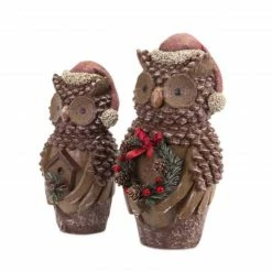 Melrose Set Of 2 Brown Pine Cone Owl Wearing Santa Hat Christmas Figure 14.5"