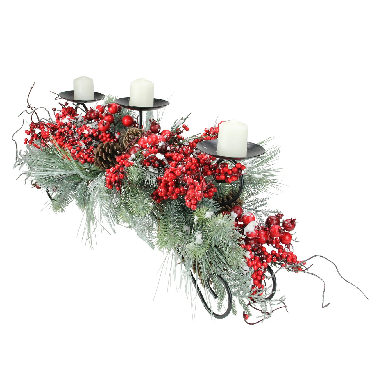 Melrose 30" Red Frosted Berry And Pine Needle Christmas Candle Holder 2 Melrose 30" Red Frosted Berry And Pine Needle Christmas Candle Holder - Image 2