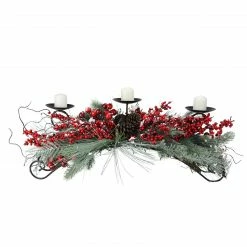 Melrose 30" Red Frosted Berry And Pine Needle Christmas Candle Holder