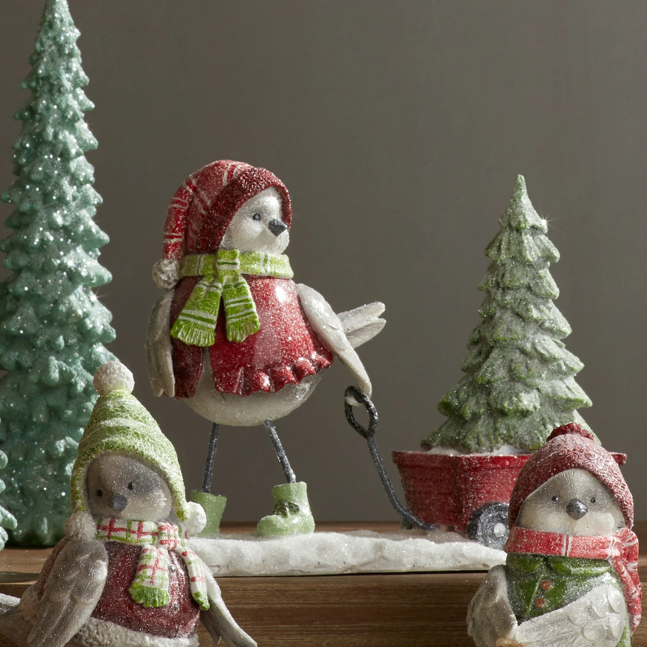 Melrose 6.5" Red And Green Snow Bird Pulling A Wagon Christmas Tabletop Figurine 2 Melrose 6.5" Red And Green Snow Bird Pulling A Wagon Christmas Tabletop Figurine - Image 2