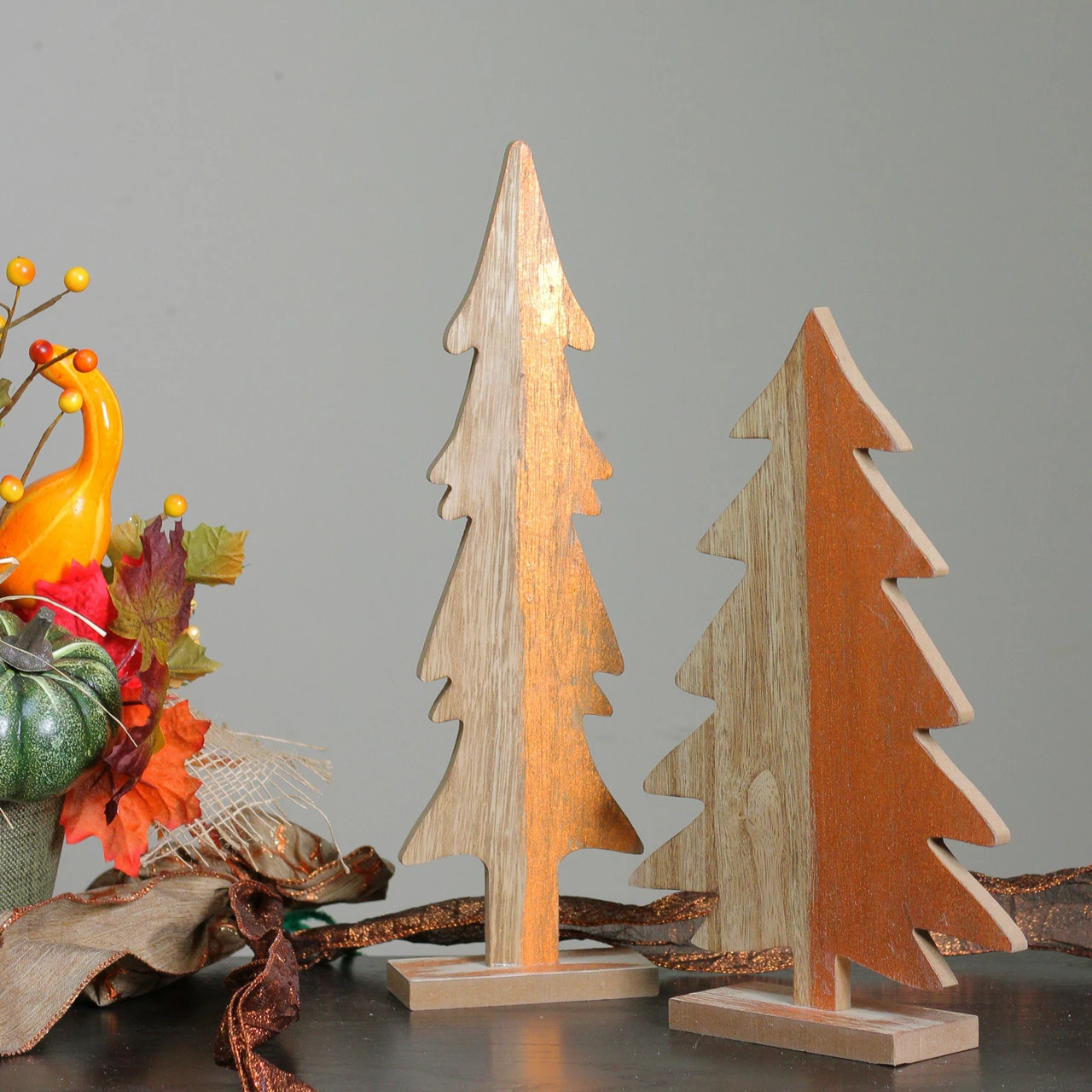 Midwest Set Of 2 Gray And Brown Wood Trees With Metallic Paint Christmas Figurine 14" 3 Midwest Set Of 2 Gray And Brown Wood Trees With Metallic Paint Christmas Figurine 14" - Image 3