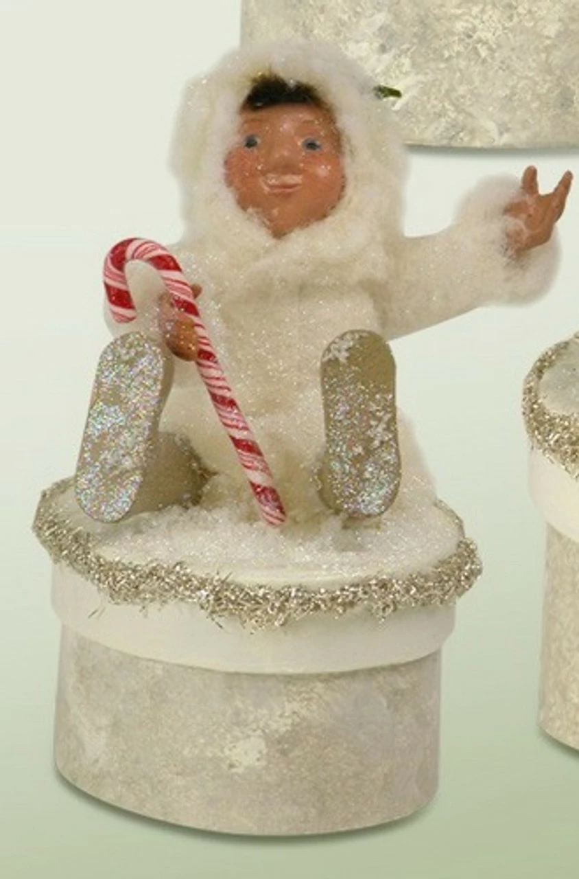 Byers' Choice 6" White Glittered Yule Box With Toddler Holding Candy Cane 1 Byers' Choice 6" White Glittered Yule Box With Toddler Holding Candy Cane
