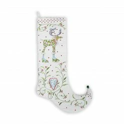 Patience Brewster 28" White And Green Reindeer Embroidered Christmas Stocking