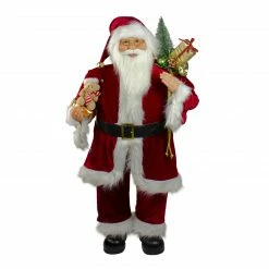 Northlight 36" Red And White Santa Claus Christmas Figure With Teddy Bear And Gift Bag