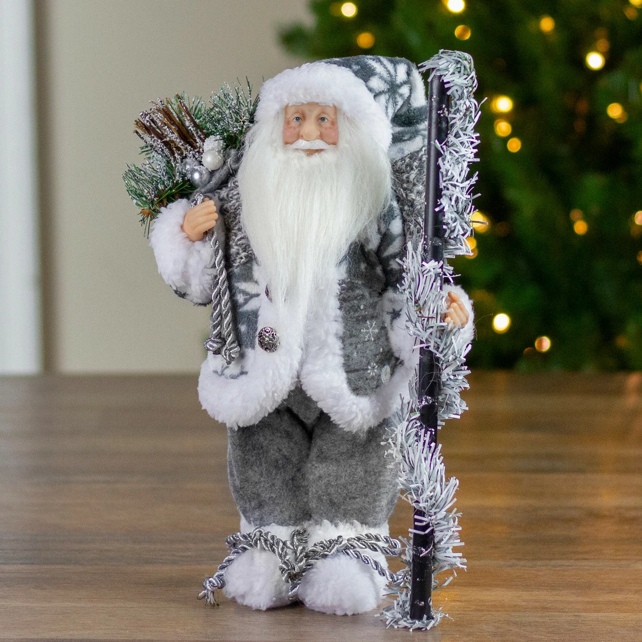 Northlight 12" Country Patchwork Gray And White Santa Claus Christmas Figure 2 Northlight 12" Country Patchwork Gray And White Santa Claus Christmas Figure - Image 2