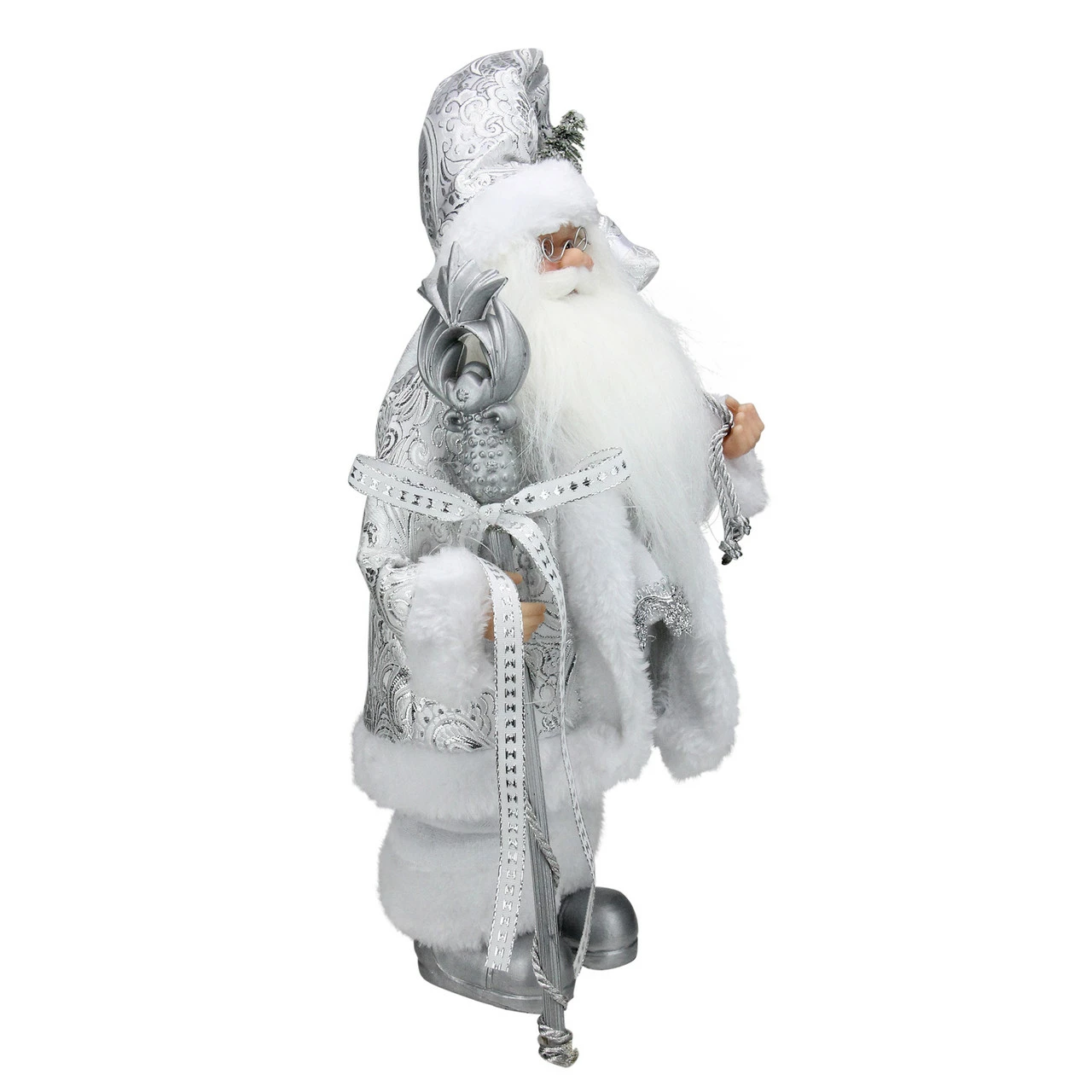 Northlight 12" White And Silver Santa Claus With Staff And Gift Bag Christmas Figure 2 Northlight 12" White And Silver Santa Claus With Staff And Gift Bag Christmas Figure - Image 2