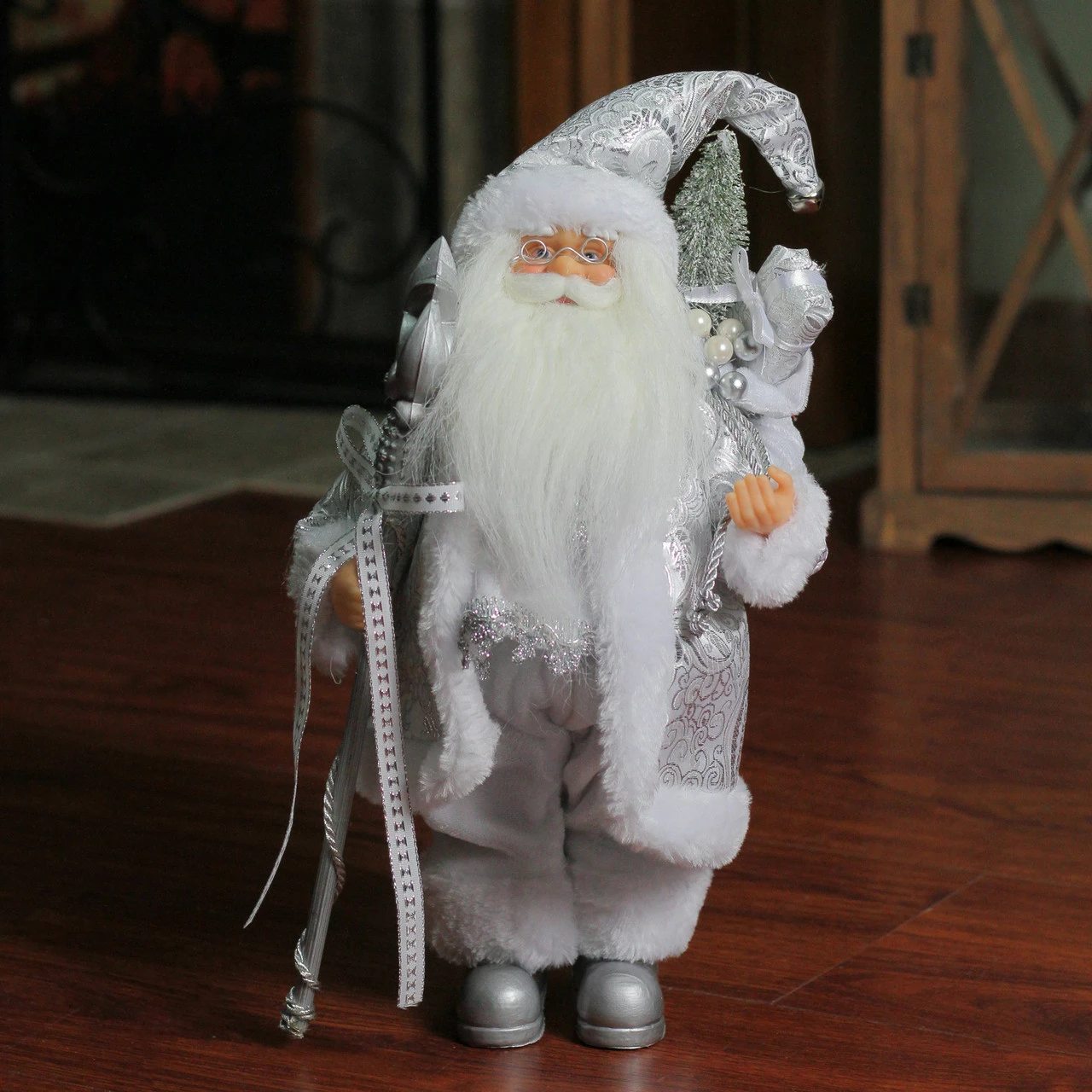 Northlight 12" White And Silver Santa Claus With Staff And Gift Bag Christmas Figure 3 Northlight 12" White And Silver Santa Claus With Staff And Gift Bag Christmas Figure - Image 3