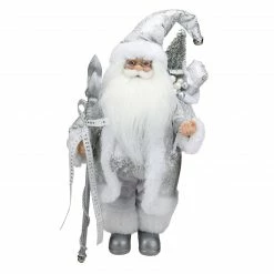 Northlight 12" White And Silver Santa Claus With Staff And Gift Bag Christmas Figure