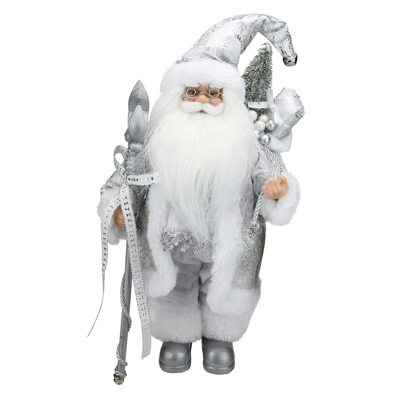 Northlight 12" White And Silver Santa Claus With Staff And Gift Bag Christmas Figure 1 Northlight 12" White And Silver Santa Claus With Staff And Gift Bag Christmas Figure