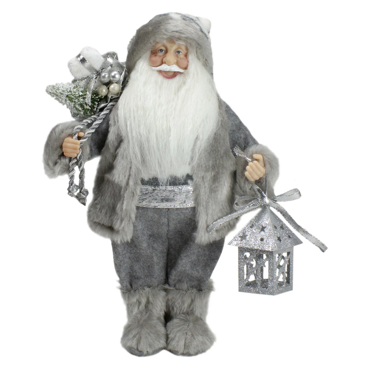 Northlight 12" Gray And White Standing Santa Claus Christmas Figurine With Bag And Lantern 1 Northlight 12" Gray And White Standing Santa Claus Christmas Figurine With Bag And Lantern