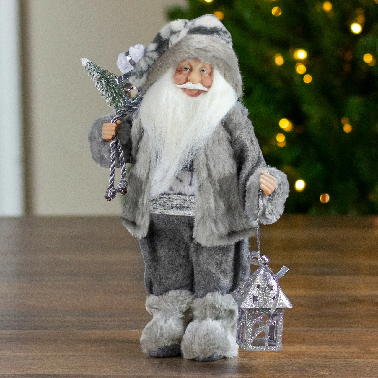 Northlight 12" Gray And White Standing Santa Claus Christmas Figurine With Bag And Lantern 2 Northlight 12" Gray And White Standing Santa Claus Christmas Figurine With Bag And Lantern - Image 2