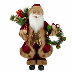 Northlight 18" Red Santa Claus Holding A Wreath And Gift Bag Christmas Figurine