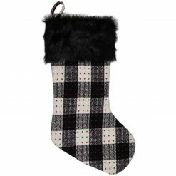 Northlight 21" Black And Ivory Plaid With Dots And Faux Fur Cuff Christmas Stocking