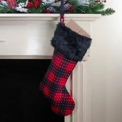 Northlight 21.5" Red And Black Plaid With Dots And Faux Fur Cuff Christmas Stocking -Northlight Shop northlight fo26684 5 30371.1608349773
