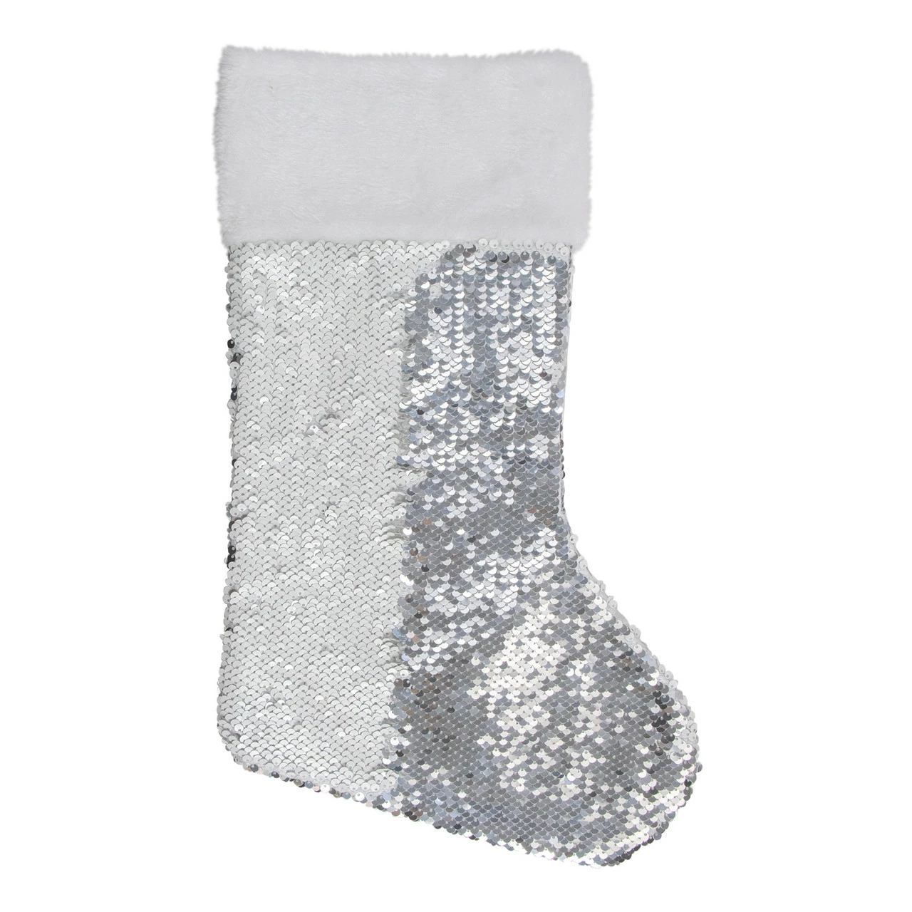 Northlight 19" White And Silver Sequin Christmas Stocking With White Faux Fur Cuff 3 Northlight 19" White And Silver Sequin Christmas Stocking With White Faux Fur Cuff - Image 3