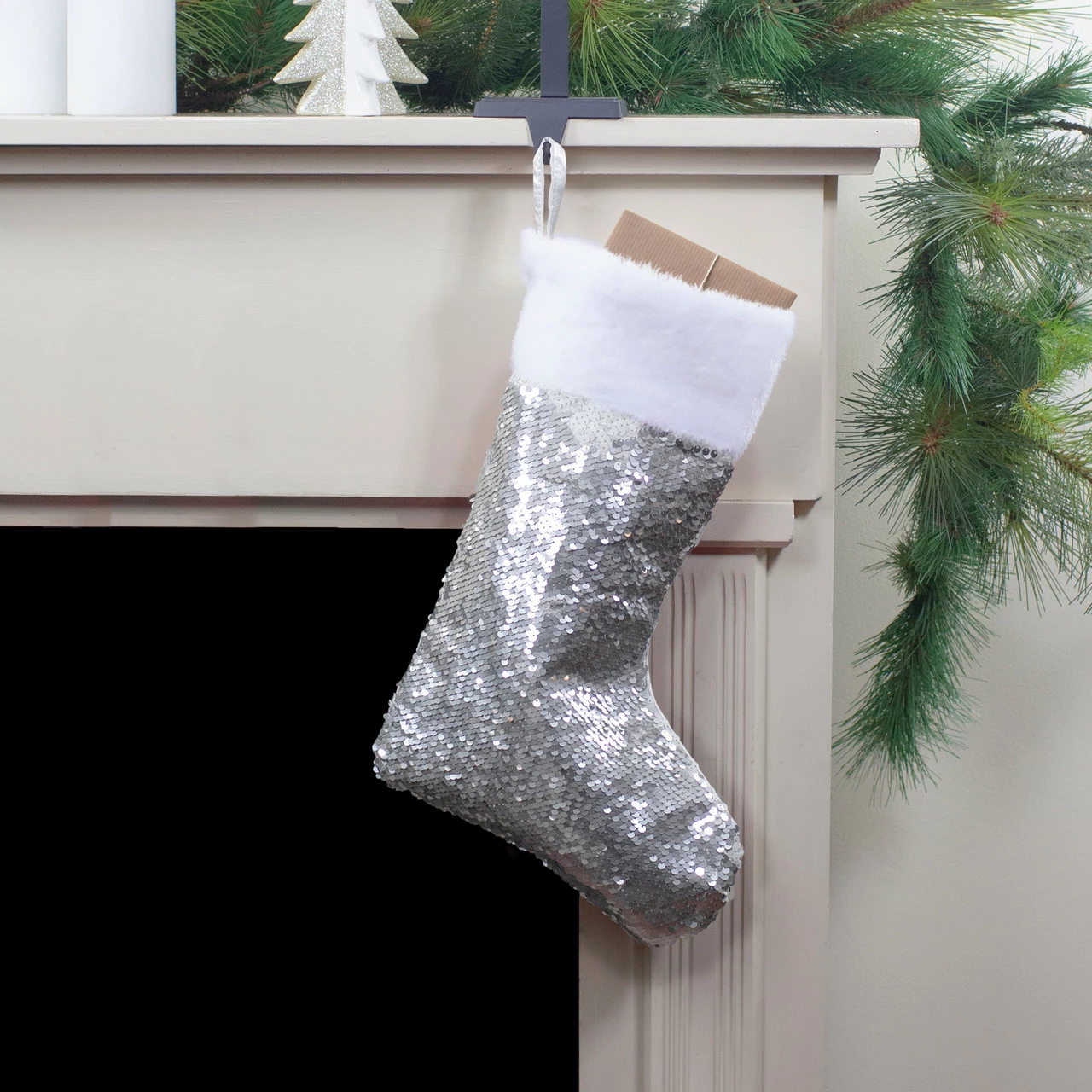 Northlight 19" White And Silver Sequin Christmas Stocking With White Faux Fur Cuff 2 Northlight 19" White And Silver Sequin Christmas Stocking With White Faux Fur Cuff - Image 2